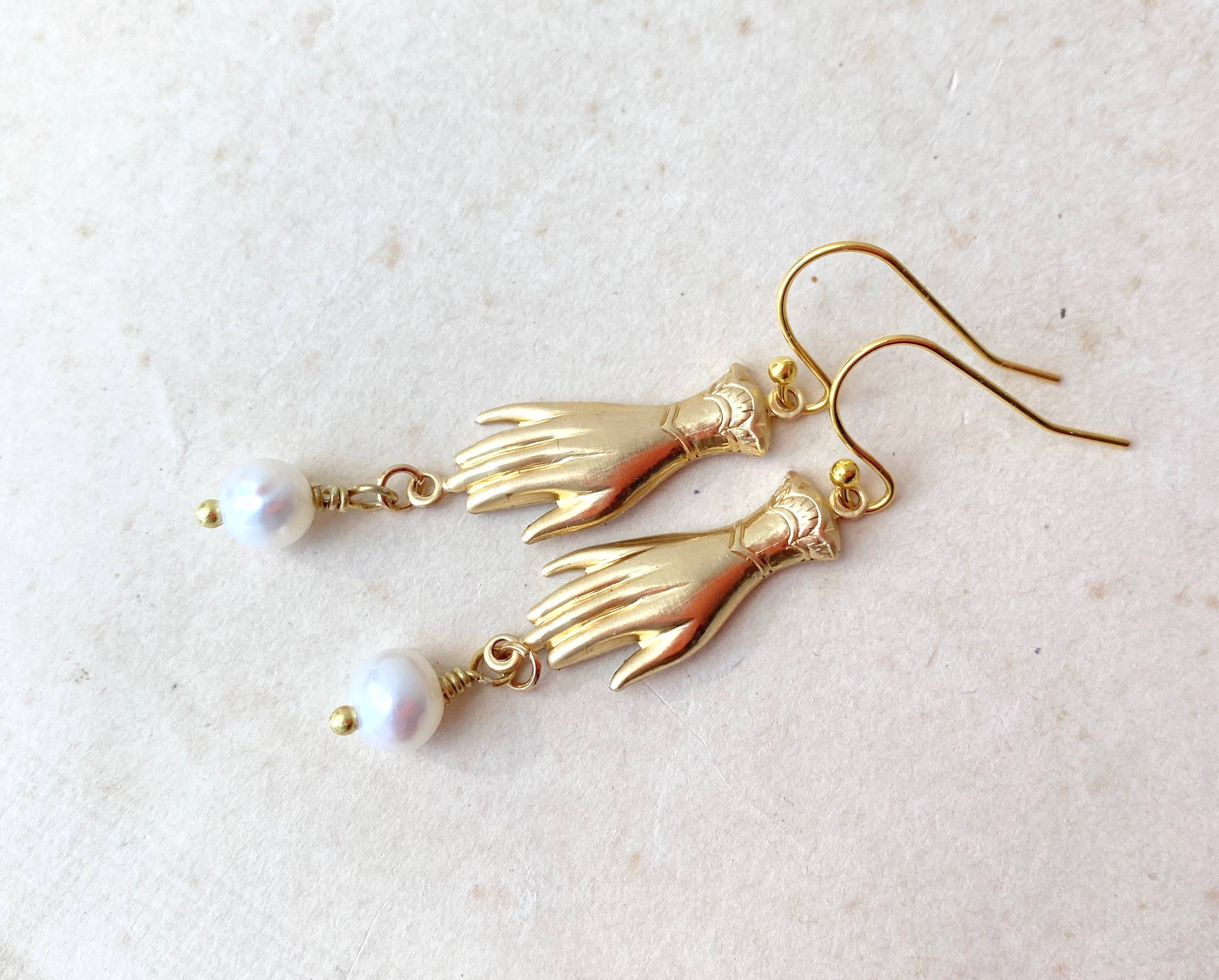 Gold Hand Pearl Earrings Whimsical Bohemian Victorian Gentlewoman Earrings